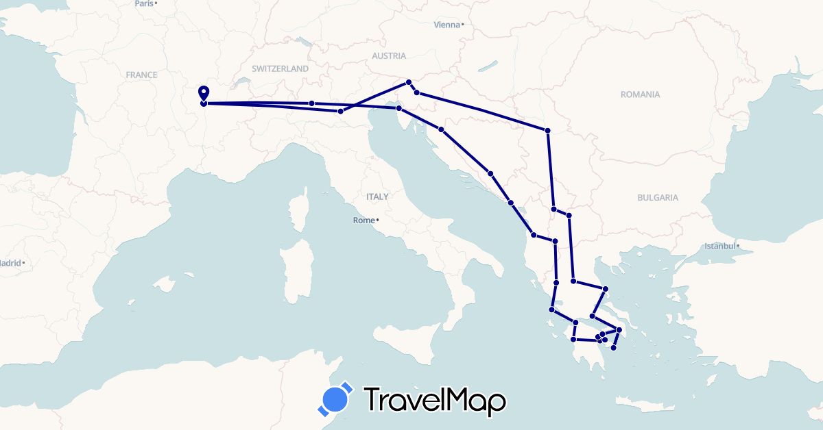 TravelMap itinerary: driving in Albania, Bosnia and Herzegovina, France, Greece, Croatia, Italy, Montenegro, Macedonia, Serbia, Slovenia, Kosovo (Europe)